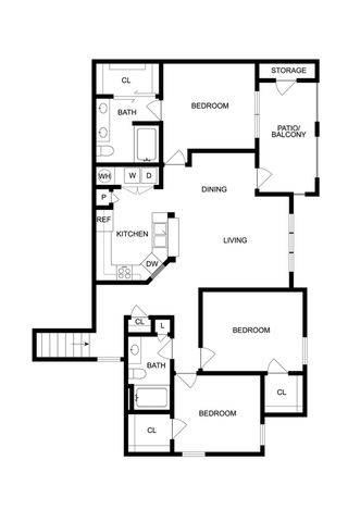 Modern floor plan featuring 3 bedrooms, 2 bathrooms, open concept living and dining area, well-equipped kitchen, and a spacious patio/balcony.