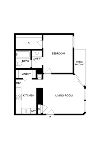 Modern 1-bedroom apartment floor plan featuring a spacious living room, cozy kitchen with pantry, and a private patio/balcony.