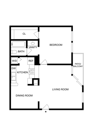 Modern floor plan showcasing 1 bedroom, a large living room, integrated kitchen and dining area, and a private patio.