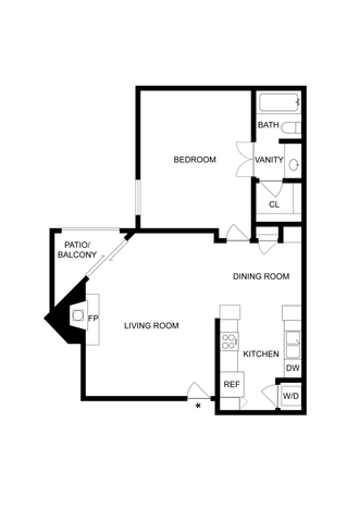 Cozy floor plan featuring 1 bedroom, modern kitchen, and inviting living area with access to a patio and fireplace.