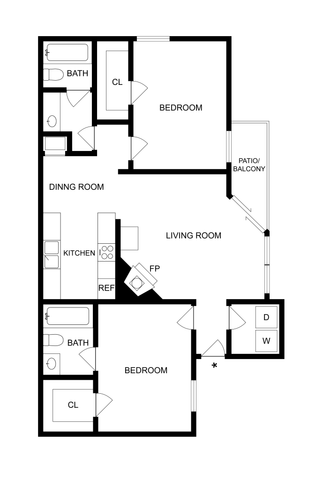 Modern 2D floor plan featuring 2 spacious bedrooms, open-concept living room with fireplace, efficient kitchen, dining room, and a cozy patio/balcony.