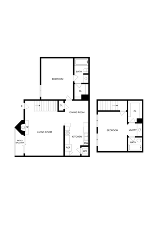 Inviting 2-story floor plan featuring 2 cozy bedrooms, a bright living room with fireplace, modern kitchen, and a charming patio balcony.