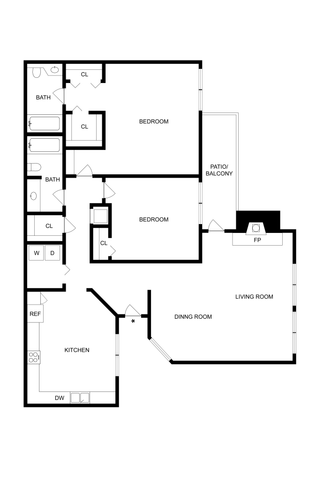 Elegant floor plan featuring 2 bedrooms, 2 baths, a modern kitchen, and a spacious living room with a cozy fireplace and patio access.