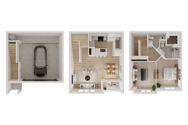 Modern 3D floor plan showcasing a spacious layout with a garage, open-concept living and dining area, stylish kitchen, and two cozy bedrooms.