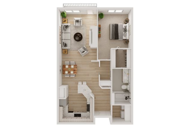 Inviting 2D floor plan featuring a cozy bedroom, elegant living area, modern kitchen, dining space, and stylish bathroom in an open layout.