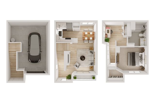 Elegant 3D floor plan showcasing a modern townhouse with an attached garage, open-concept living and dining area, stylish kitchen, and a cozy master bedroom with ensuite bathroom.