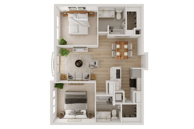 Beautifully detailed 3D floor plan showcasing two spacious bedrooms, a stylish modern kitchen, cozy living room, and elegant dining area, perfect for comfortable living.