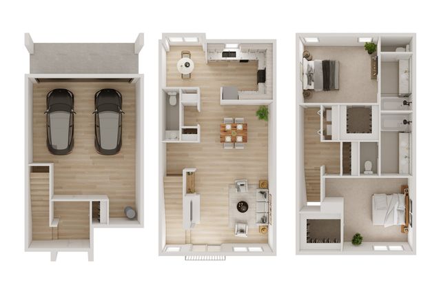 Elegant 3D floor plan displaying a modern two-story layout with a 2-car garage, open dining and living area, and three spacious bedrooms.