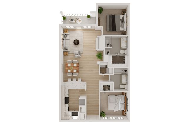 Modern apartment floor plan featuring two cozy bedrooms, a spacious living area, a stylish dining space, and a sleek kitchen with a breakfast bar. Includes two elegant bathrooms and a charming balcony.