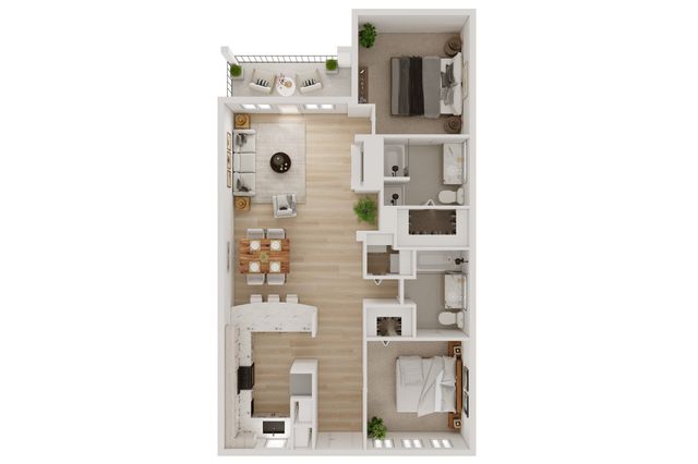 Modern 2D floor plan featuring a spacious open-concept kitchen and living area, two elegant bedrooms, two bathrooms, and a charming balcony.