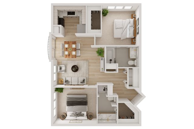 Modern floor plan featuring two spacious bedrooms, cozy living room, elegant dining area, and a stylish kitchen, ideal for contemporary living.