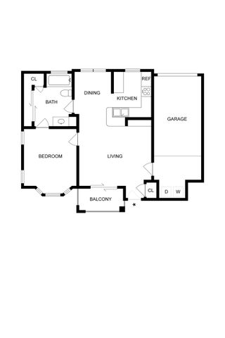 Charming floor plan featuring a cozy bedroom, spacious living area, modern kitchen, dining room, and a balcony. Includes bathroom, closet, and attached garage for convenience.