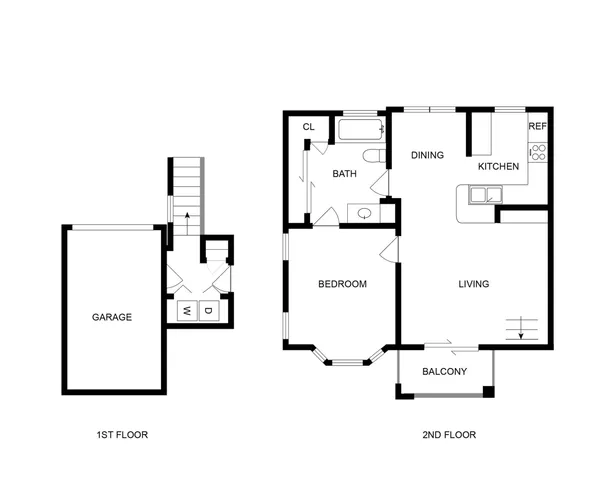 Chic two-level floor plan featuring a ground floor garage and utility space, plus an elegant living area upstairs with a bedroom, bath, dining, kitchen, and balcony.