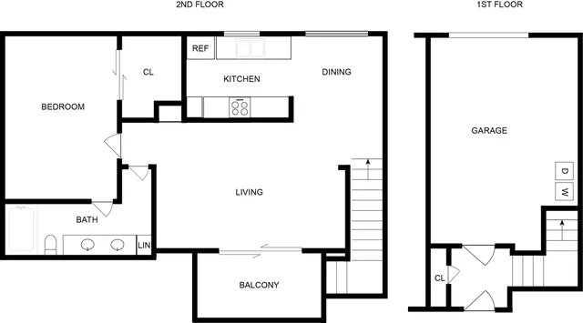 Modern two-story floor plan featuring a spacious bedroom, open-concept kitchen, and dining area with balcony, plus a first-floor garage.