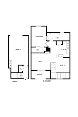 Charming floor plan illustrating a one-bedroom layout with a walk-in closet, modern kitchen, spacious garage, and a balcony perfect for relaxation.