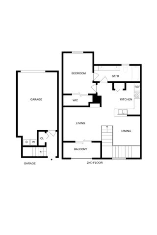 Modern floor plan showcasing a single bedroom, open living and dining spaces, sleek kitchen, and a private balcony with convenient garage access.