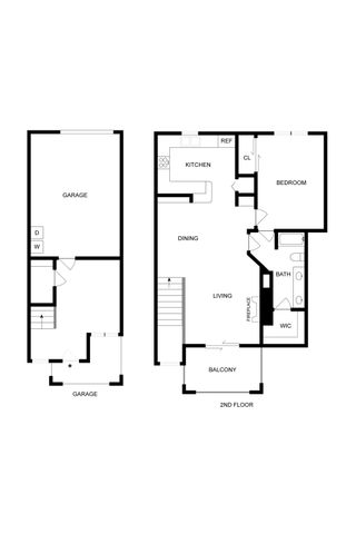 Elegant two-story floor plan featuring a spacious living area with fireplace, modern kitchen, one bedroom, and private balcony. Includes a sizable garage and convenient walk-in closet.