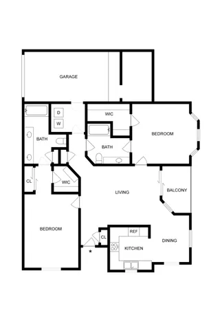 Modern floor plan showcasing 2 bedrooms, 2 bathrooms, and an open living area with kitchen and dining space, plus a balcony and garage.
