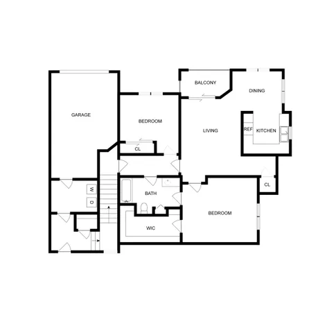 Modern floor plan showcasing 2 spacious bedrooms, an elegant kitchen, and inviting living area with balcony. Includes garage and ample storage.