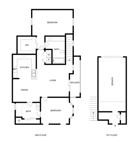 Elegant two-story floor plan showcasing 2 bedrooms with en-suite and shared bathrooms, open kitchen-dining area, spacious living room with balcony, and dedicated garage space.