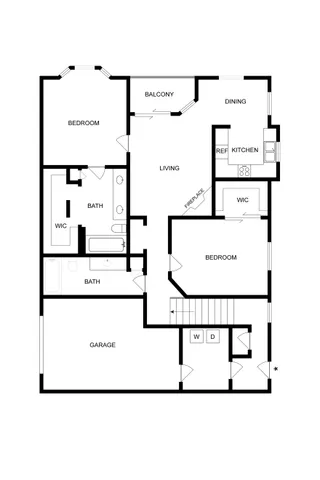 Elegant floor plan showcasing 2 spacious bedrooms, a cozy living room with fireplace, modern kitchen, dining area, dual baths, and private balcony. Includes a garage for convenience.