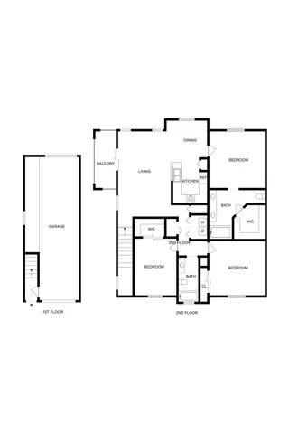 Modern 2D floor plan with three bedrooms, open living and dining area, and garage on the first floor.