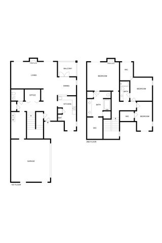 Elegant two-story floor plan featuring three bedrooms and an office space, with a spacious living room and open dining area leading to a balcony. Includes a modern kitchen and two bathrooms, plus a convenient garage.