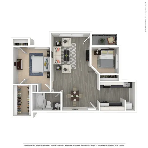 Contemporary 2D floor plan showcasing 2 bedrooms, a stylish open-plan living area, and a modern kitchen, perfect for comfortable urban living.
