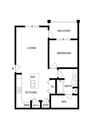 Modern 1-bedroom floor plan featuring an open-concept living room and kitchen, private balcony, spacious bath, and walk-in closet.