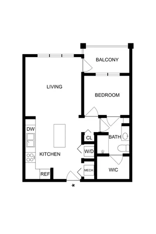 Modern floor plan with one bedroom, open-concept living and kitchen area, plus a private balcony.
