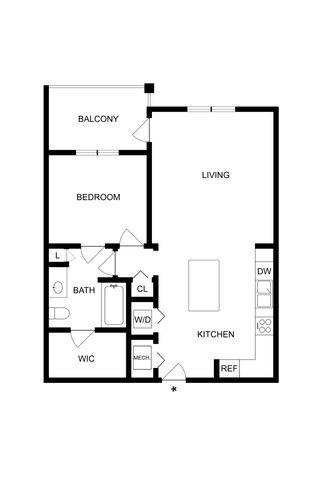 Modern 1-bedroom apartment floor plan featuring a spacious living area, open kitchen, and private balcony.