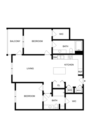 Modern floor plan showcasing two spacious bedrooms, two bathrooms, an open living area with a balcony, and a sleek kitchen with a dining island.