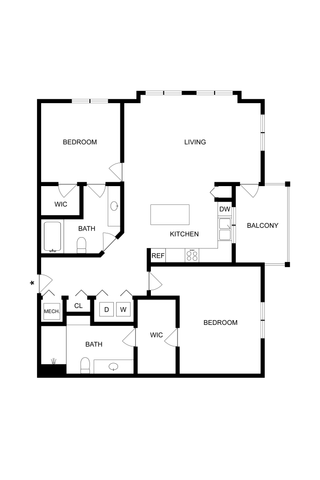 Modern 2D two-bedroom apartment floor plan featuring a spacious living area, open kitchen, and private balcony.