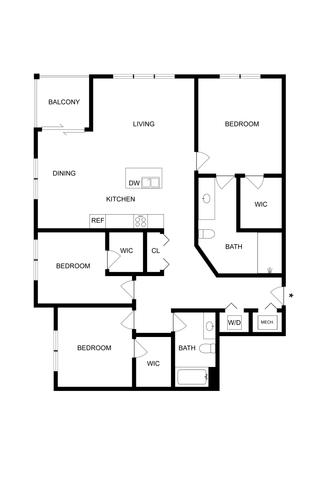 Modern 2D 3-bedroom apartment floor plan featuring a spacious living area, open kitchen, and private balcony.