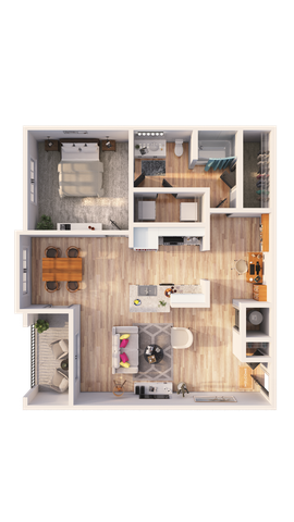Modern 1-bedroom apartment floor plan with open-concept living area, sleek kitchen, cozy dining space, and spacious balcony.