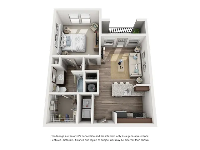 3D floor plan of a modern apartment featuring a spacious living room, kitchen with breakfast bar, cozy bedroom, and bathroom with bathtub.