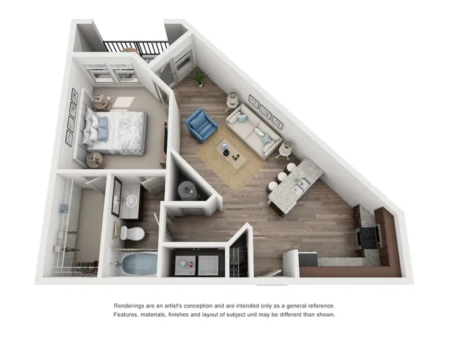 Beautifully designed one-bedroom apartment floor plan with open kitchen and living area, featuring stylish interiors and ample natural light.