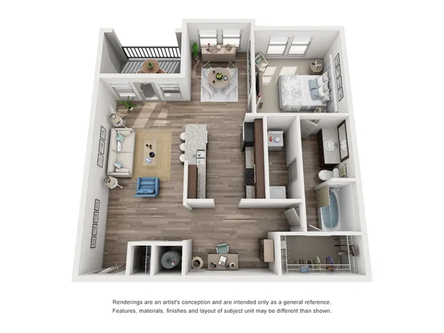 3D floor plan of a modern one-bedroom apartment with open living room, kitchen, balcony, and bathroom.