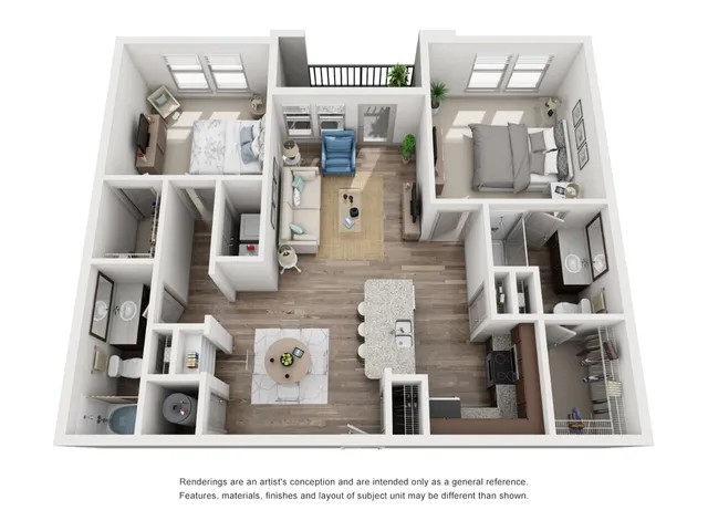 3D floor plan of a contemporary 2-bedroom apartment with spacious layout and modern amenities.