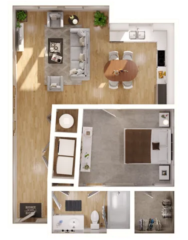 Stylish 3D layout of a one-bedroom apartment featuring an open-plan living area, modern kitchen, and cozy bathroom.