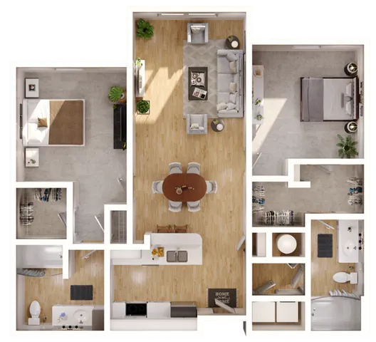 Contemporary apartment floor plan with two bedrooms, inviting living room, and modern kitchen.