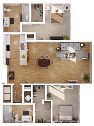 Elegant floor plan featuring 2 bedrooms, open-concept living and dining area with modern kitchen.