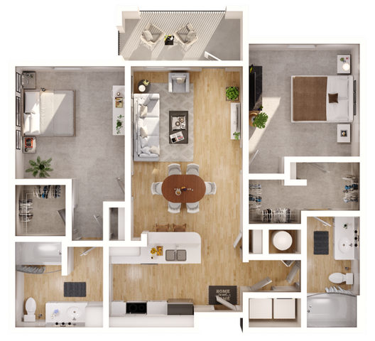 Intuitive 2D floor plan of a modern apartment featuring 2 bedrooms, an open living-dining area, and a contemporary kitchen.