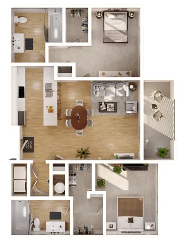 Contemporary 2D floor plan with two bedrooms, open living area, and balcony.
