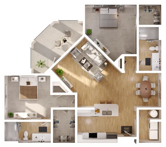 Stylish 3D floor plan featuring two bedrooms, an open-concept living area, and a modern kitchen.
