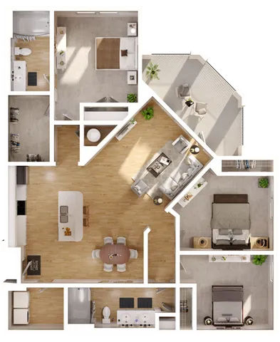 Chic apartment floor plan featuring 3 bedrooms, an open-plan kitchen and living area, and a sunlit balcony.
