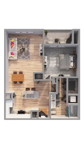 Contemporary 1-bedroom apartment floor plan with open kitchen, living room, and balcony area.