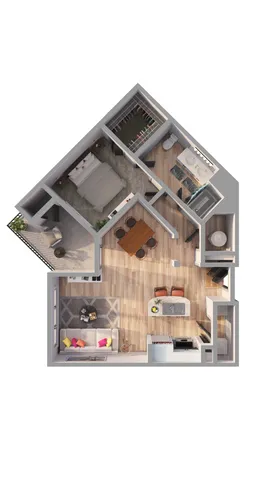 Modern 1-bedroom floor plan with an open-concept living area, dining space, and sleek kitchen.