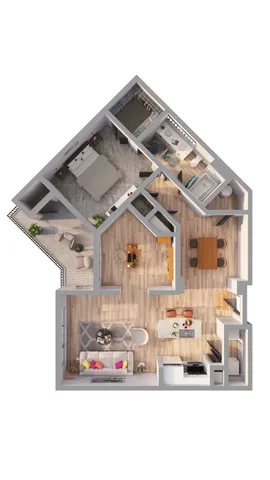 3D floor plan showing one-bedroom apartment with an open kitchen, dining area, and cozy living room.