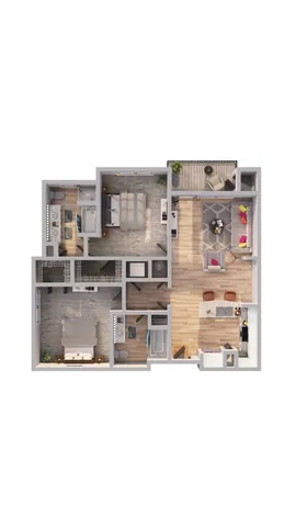 Stylish floor plan showcasing 2 bedrooms, open living area, and modern kitchen with balcony access.